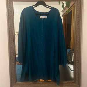 100% Silk Vintage Diane Von Furstenberg Buttondown Teal Blue Tunic Dress - 1X/2X